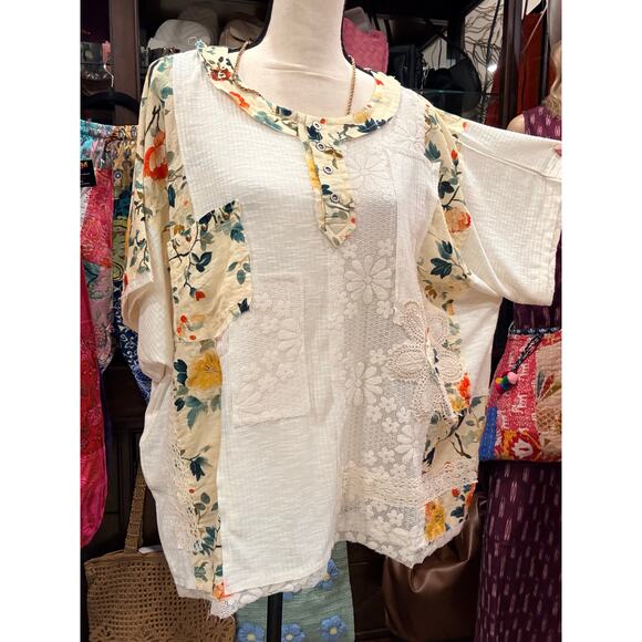POL - Round Neck Short Sleeve Floral Knit Rib Top - Small - Picture 3 of 9